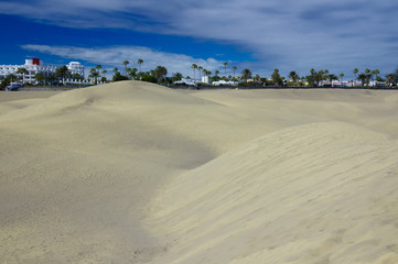 Fototapeta na wymiar Dunes of Maspalomas with hotels on the background. Gran Canaria