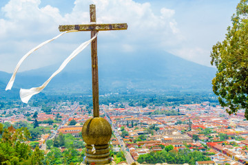 View on Antigua and Volcano de Aguaby Cerro de la Cruz in Guatemala