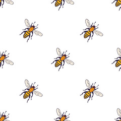 Vector bees set - seamless pattern. Hand drawn ink sketch with bumblebee insect. Wild animal drawing