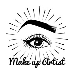 Female Eyes. Beauty Salon Label. Mascara for Eyelashes. Eye Makeup. Badge. Vector Illustration