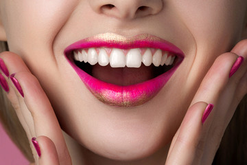 Close up view of beautiful happy surprised woman