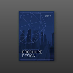 Brochure cover design template for construction or technology company. Abstract geometry with colored cityscape vector illustration on background.