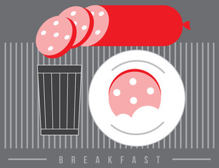 breakfast with glass and sausage in retro style, vector illustration 