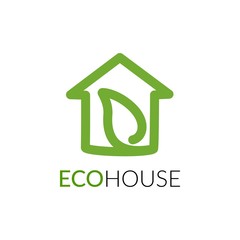 Simple icon of house with leaf within.