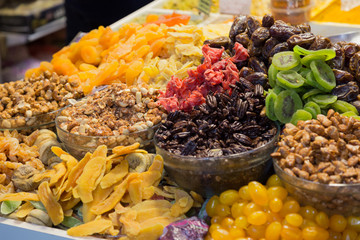 Close-up of different dried fruits. Jerusalem Old City, Israel.