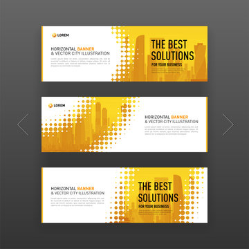 Horizontal advertising business banner layout template set with halftone effect and city vector background.