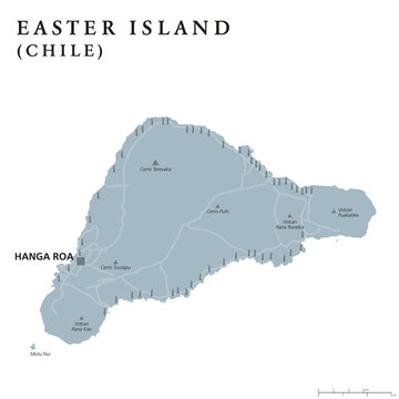Easter Island political map with capital Hanga Roa, streets and monumental Moai statues. Chilean island in southeastern Pacific Ocean. Gray illustration on white background. English labeling. Vector.