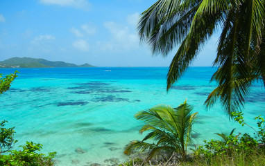 Plakat Landscape view of turquoise Caribbean Sea and lush green tropical island of San Andres y Providencia, Colombia