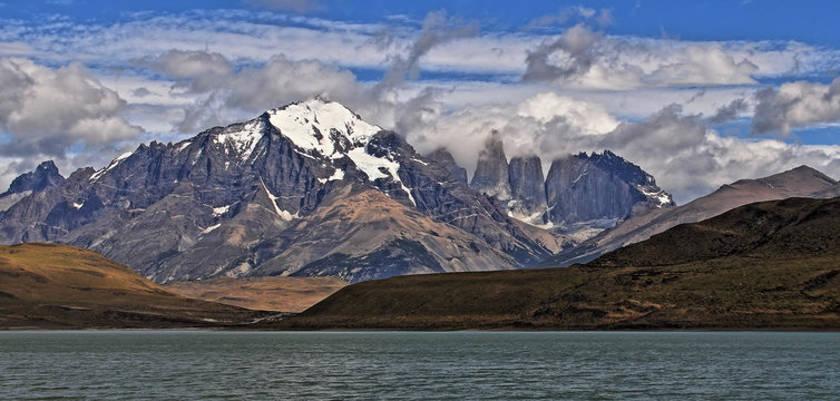 River and mountains at Torres del Paine National Park, Patagonia, Chile. HDR (high dynamic range) picture.