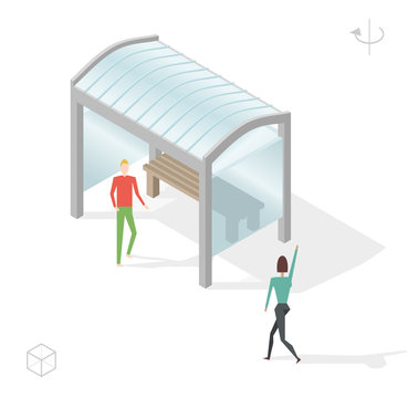 Isometric High Quality City Element with 45 Degrees Shadows on White Background . Bus Stop