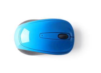 Top view of blue wireless mouse on white background