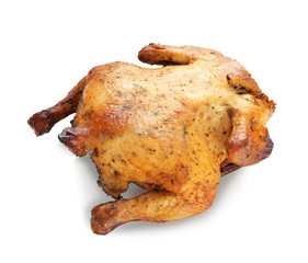 Roasted beer can chicken on white background
