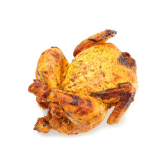Roasted beer can chicken on white background