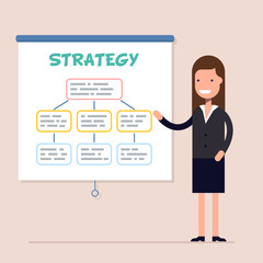Businesswoman or boss conducts a training and seminar or conference. Business strategy and finance. Flat vector character.
