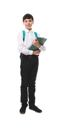 Cute boy in school uniform on white background