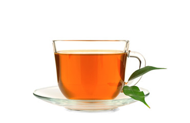 Cup of tea  and green leaves isolated on white