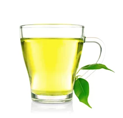 Papier Peint photo Theé Cup of tea  and green leaves isolated on white
