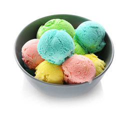 Bowl with colorful ice cream balls on white background