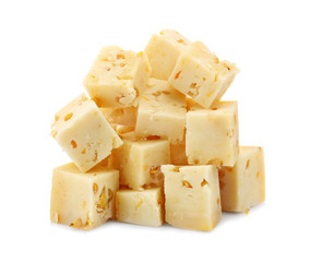 Delicious cheese with coriander on white background