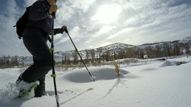 Panning view of woman snowshoeing
