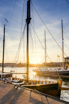 Sweden, Uppland, Stockholm, Djurgarden, Sailboats in port