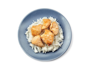 Chicken and rice on plate isolated on white