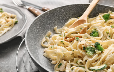 Frying pan with delicious chicken Alfredo, closeup