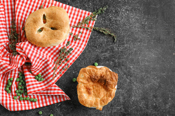 Delicious chicken pot pie on kitchen table