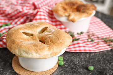 Delicious chicken pot pie on kitchen table