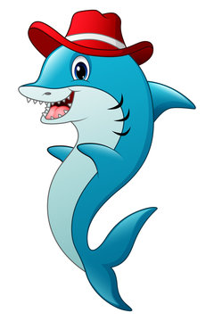 Funny shark cartoon wearing a hat