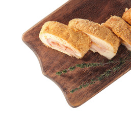 Wooden board with tasty chicken sliced roll on white background