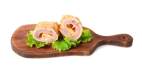 Wooden board with tasty chicken sliced roll on white background