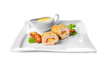 Plate with tasty chicken sliced roll on white background