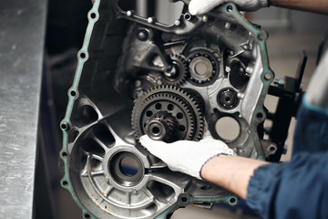 Fototapeta na wymiar Car Gear Box Repair automotive repair workshop garage mechanic