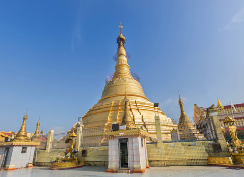 Botataung paya public big golden pagoda in Yangon, Myanmar on blue sky background