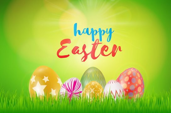 Easter poster eggs with grass on green and sun background.