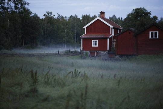 Sweden, Smaland, Stensjo, Brown houses and foggy field at dawn