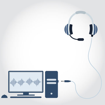 PC and headphone with microphone unplugged. Sound wave symbol showing on monitor. Empty space for insert text. Flat design.