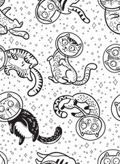 Fototapeta premium Graphic cats astronauts drawn in line art style. Seamless pattern
