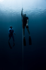 Free diver ascending along the rope in the depth