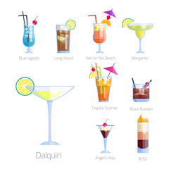 Set of alcoholic cocktails isolated fruit cold drinks tropical cosmopolitan freshness collection and party alcohol sweet tequila vector illustration.