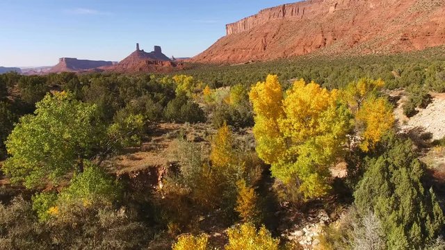 Drone footage toward Castleton Tower in Moab
