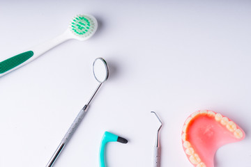 Set of metal Dentist's medical equipment tools, top view