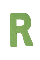 Green wooden letter R isolated on white background with clipping path.