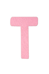 Pink wooden text T isolated on white background with clipping path.