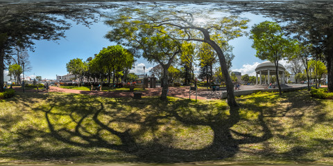 Spherical, 360 degrees, seamless panorama of the green park in the city of San Jose, Costa Rica
