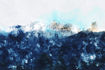 Abstract mountains landscape on white background, digital watercolor painting