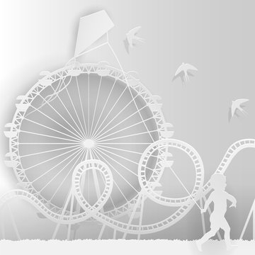 Paper style art - an amusement park, fun, a Ferris wheel, a roller coaster and a boy with a kite.