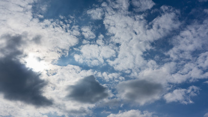 A blue sky with dark clouds in the evening