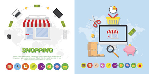Set of elements on the subject of buying and selling. Market and icons Flat vector illustrations on the theme of shopping.